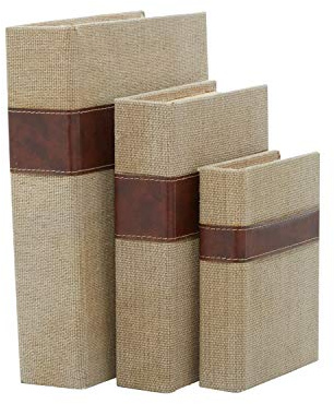 Deco 79 Linen Fabric Decorative Box Faux Storage Book Book Shaped Boxes with Faux Leather Detailing, Set of 3 Decorative Keepsake Boxes 15, 12, 9H, Brown