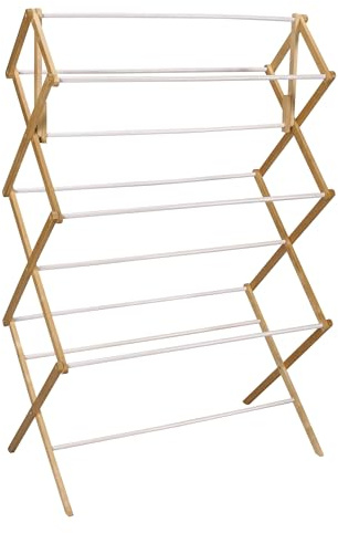 Household Essentials Folding Clothes Drying Rack, Wood Frame with Vinyl Dowels