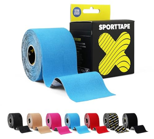 SPORTTAPE Extra Sticky Kinesiology Tape, 5cm x 5m - BLUE - Hypoallergenic, Water Resistant & Sweatproof - Designed For Sport