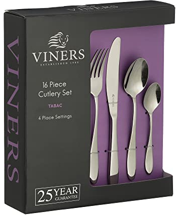 Viners Tabac Cutlery Set | 18/0 Stainless Steel | Set of 16 Pieces | Silver Mirror Finish | Serves 4 | Dishwasher Safe | Gift Box