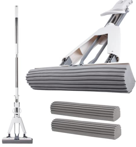Mioke Fregona de Esponja Trapeador PVA,Rodillo Super Absorbente Absorción de Agua Mango Telescópico Rápida Limpieza de Suelos + una Esponja Extra