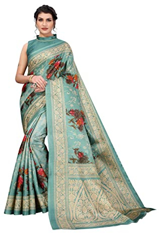Yashika Sari de seda estampada para mujer con pieza de blusa, Verde, Talla Unica
