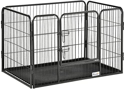 PawHut Box per Cani Recinzione in Metallo per Animali con 4 Pannelli, Porta con Doppio Blocco e Vassoio sul Fondo, 125x78x80cm, Grigio