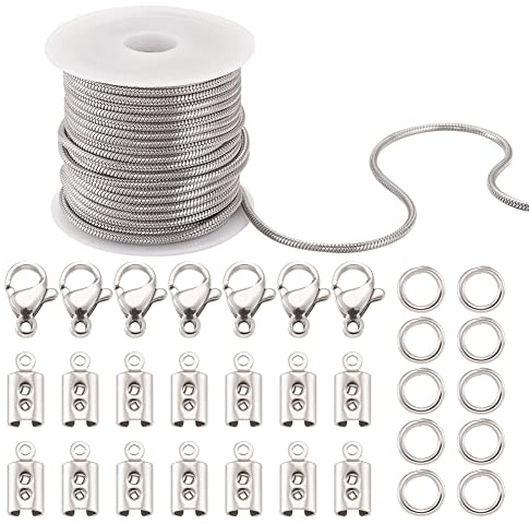 Craftdady - Cadena de serpiente redonda de acero inoxidable de 5 m con anillo de salto, pinza de langosta y cadena de engaste, kit de fabricación para hombres y mujeres, collar, joyería