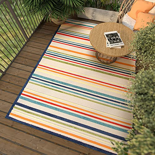 Mazovia Tappeto per Esterni e Interni - Tappeto da Esterno Impermeabile - Tappeto per Terrazza, Giardino, Balcone - Tappeto Pelo Corto - Righe - Multicolore 80 x 200 cm