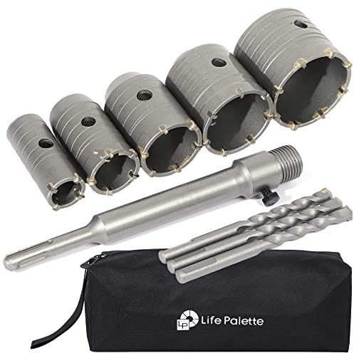 Life Palette Hole Saw Kit Drill Hole Cutter Set with Hole Drill Bits for SDS Plus Hammer Drills Circle Drill Bits Hole Saw Set for Concrete Brick Cement Stone Wall (5, 30mm,40mm,50mm,60mm,70mm)