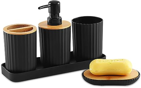 Duscdesp Plastic Black Bathroom Accessories Set - 5 Piece with Bamboo Cover. Includes Soap Dispenser, Toothbrush Holders, Bathroom Cup, Soap Dish and Vanity Tray