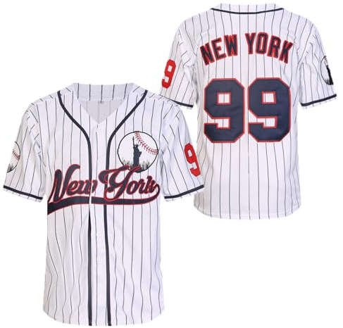 Cosido New York 99 Baseball Jerseys Camisas Hip Hop Botón Down Ropa de Hombre para Fiesta, Rayas Blancas, XX-Large