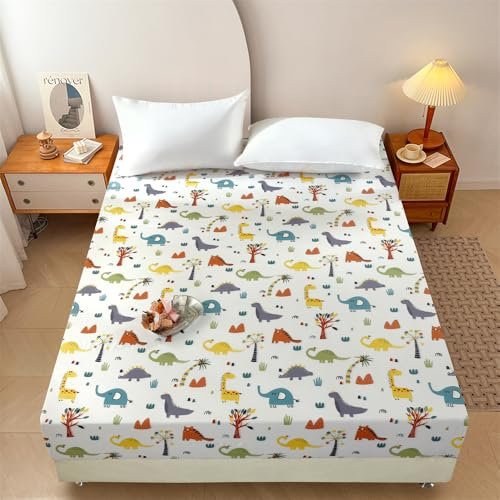Mateju Mikrofaser Spannbettlaken für Kinder mit Dinosaurier Muster Weiche Bequem Spannbetttuch für Einzelbett Doppelbett Boxspringbett, Tiefe Tasche, bis 30 cm Matraze (Dschungel,90x200cm)