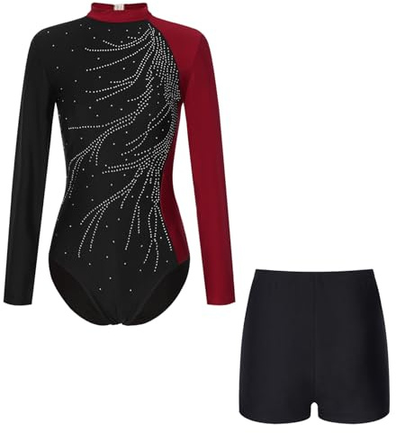 Yruioon Damen Turnanzug Glitzer Gymnastikanzug mit Shorts Langarm Ballettanzug Gymnastik Leotard Turnen Akrobatik Anzug Wettbewerb Tanzkostüm Weinrot M