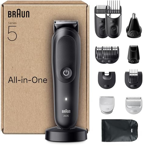 Braun All-in-One Series 5, 13-in-1 Multigroom, Barttrimmer, Nasenhaartrimmer, Haarschneidemaschine für Gesicht, Kopf und Körper, 120 Min Akku, 14 Längen (3–21 mm), Wasserdicht, AIO5565, Schwarz