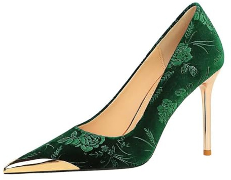JOEupin Tacones puntiagudos de terciopelo para mujer, elegantes zapatos de tacón de aguja para mujer, zapatos de vestir para fiesta, trabajo, oficina, Verde, 37 EU