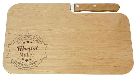 Personalisiertes Brotzeitbrett mit Messer – Frühstücksbrett aus Holz mit Gravur – Geschenk für Papa, Männer, Camper & Wanderer – Vatertags- & Geburtstagsgeschenk (Zeit für eine Pause)