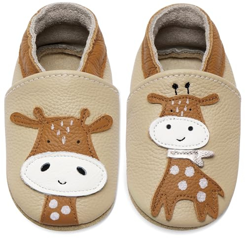 IceUnicorn Chausson Bebe Chausson Cuir Souple Bebe Chaussons Cuir Bébé Souple Chaussons Premiers Pas Bébé(Beige AB Girafe, 18-24 mois)