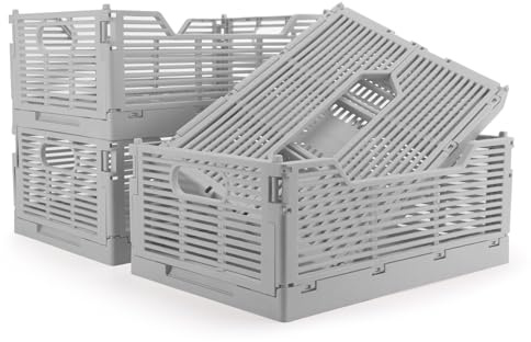 Vivikivi 4-Pack Collapsible Storage Boxes, Foldable Plastic Crates for Storage Stackable, Space-Saving Folding Baskets for Home, Classroom, Office, Kitchen, Bedroom (30.5x20.5x12.5cm, Grey)