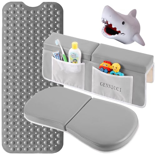 GENNICCI Bath Kneeler and Elbow Kneeling Rest Pad for Baby Bathing Parents,Faucet Cover Baby Bathtub Silicone Whale for Kids,39 x 16 Inch Extra Long Bathtub Mats