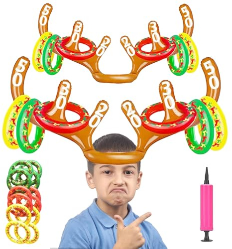 Juego de Lanzamiento de Cuernos Navidad Inflable,Juego Inflable de Cuernos de Reno,Cuernos de Reno Inflables con Anillos,2 Sombrero Inflable de Cuernos de Reno con 12 Anillos,para Diversión de Navidad