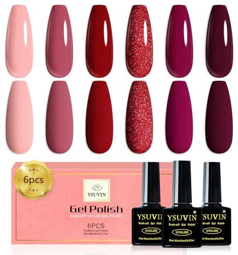 YSUVIN Vernis Semi Permanent, 6 Couleurs Rosa Rouge Fraise Pourpre Gel Couleur De Peau Longue Durée Vernis Gel Soak Off UV Toute La Saison DIY Kit de Manucure, Cadeaux Beauté, 8ml