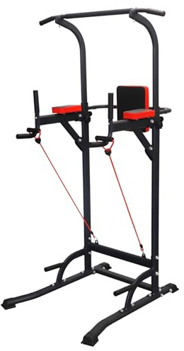Adjustable Power Tower Station, Pull Up Bar Dip Station, Multi-Functional Strength Training Equipment, 500kg Capacity, Height Adjustable 178.5-214.5cm, Black and Red