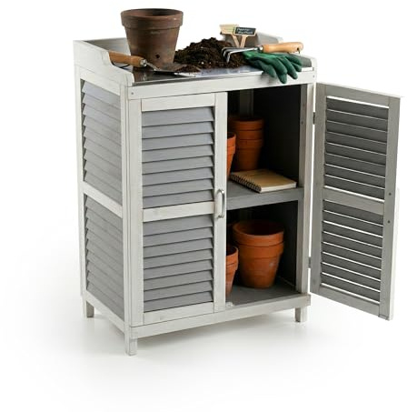 Relaxdays Pflanztisch mit Unterschrank, Holz, Eisen Arbeitsplatte, HxBxT: 100 x 67 x 47 cm, Gartenschrank, grau/weiß