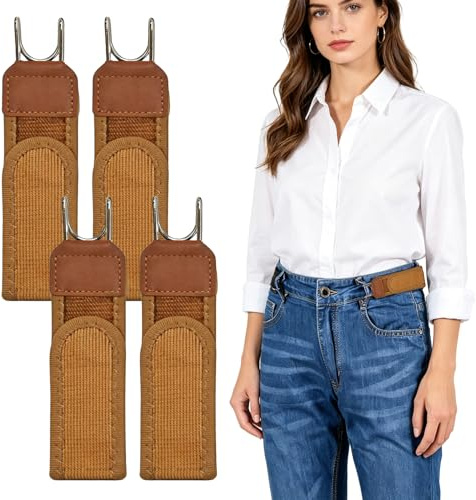4-Pack Bälten Utan Spänne för Herr och Dam, Justerbart Elastiskt Bälte med Metallkrok, Osynligt Stretchbälte för Jeans och Arbetskläder (Brun)