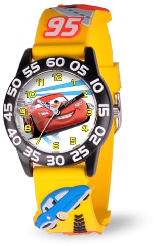 Disney Pixar Cars Lightning McQueen Watch for Kids - Boys Watch - Toddler Watches - Kids Toys Boys for Toddler - Watches Teen - Black Bezel - 3D Yellow Strap
