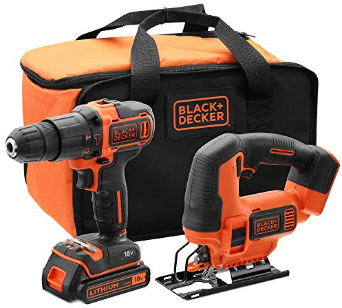 BLACK+DECKER BCK22S1S Taladro Percutor 18V y Sierra de Calar 18V con 1 Batería 1.5Ah Cargador y Bolsa de Transporte