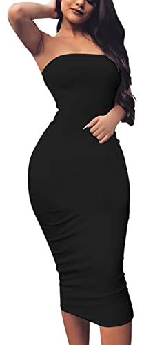 BORIFLORS Women's Basic Sleeveless Tube Top Sexy Strapless Bodycon Midi Club Dress,Medium,Black