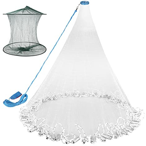 Cast Net for Fishing with Shrimp Cage, American Freshwater Saltwater 4ft Radius Casting Net Bait Trap Fish, Heavy Duty Zinc Sinker, 3/8 Inch Mesh Size