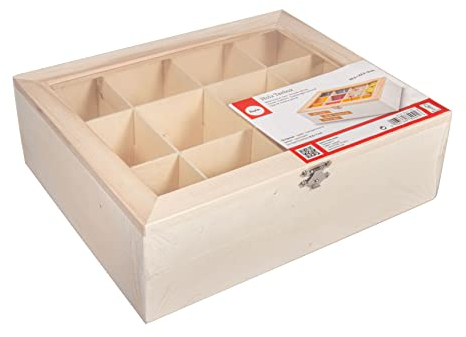 Rayher 62972505 Holz Teebox, 28,5x23,5x9cm, 12 Fächer, naturbelassen, mit Metallschließe, Teekasten, Teebeutelbox, Holzbox zur Aufbewahrung von Teebeuteln, Kaffeepads, Gewürzen etc.