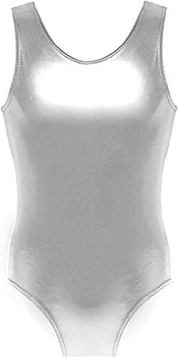 BODYWEAR LTD Childrens Kids School Sport Dance Gymnastics Ballet Sleeveless Leotard Metallic Wet Look Shinny Party Disco or Dance Costume (Silver, 13-14 Years)