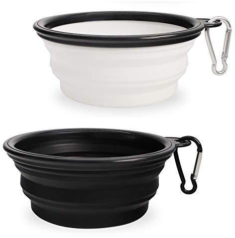 SLSON 2 Stück Hundenäpfe Faltbare Reiseschale,Auslaufsichere Hundenapf mit Bergsteigerkarabiner für Katzen,Hunde und Haustiere für Wasser und Futter (350ml, Schwarz und Weiß)