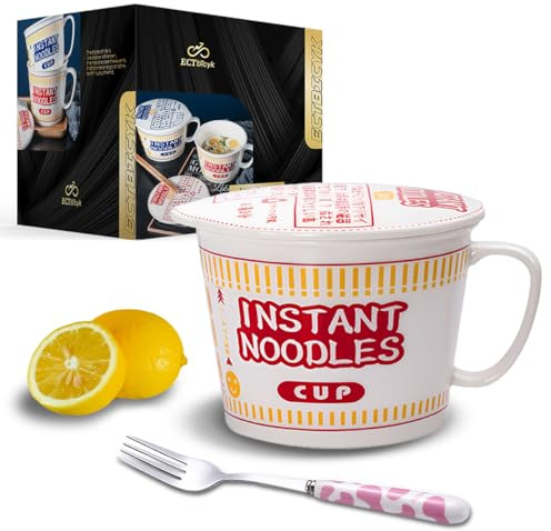 ECTbicyk Ciotola in ceramica da 963 ml, con coperchio, per ramen istantaneo, con manico, regalo per amanti del ramen, colore: rosso