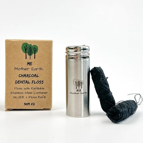 Me Mother Earth Charcoal Dental Floss, Refillable Steel Dispenser, Silver
