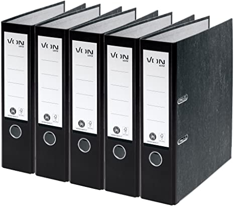 VON Leitz 5er Pack Ordner A4, 100 % Recycling-Karton, Für 600 Blatt, 80 mm Rückenbreite, Klassisch marmoriert, Blauer Engel & FSC-zertifiziert, Für Schule, Studium & Zuhause, Schwarz, 10531095