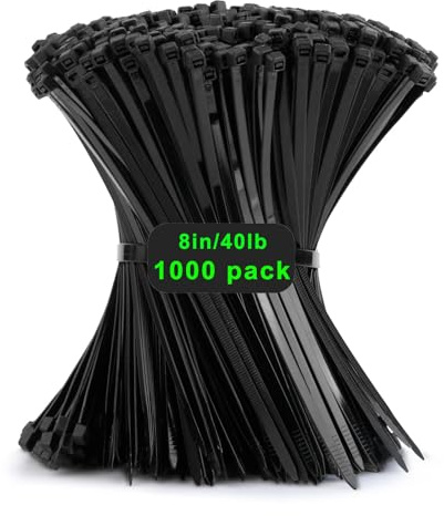 1000 Stück Kabelbinder Schwarz, 200mm x 3,6mm Industrie Cable Ties, Mehrzweck UV-Beständig Langlebig Klein Nylon Selbstsicherndes Zip Tie mit 18kg für Gartenarbeit, Hause, Büro, Werkstatt und den Auße