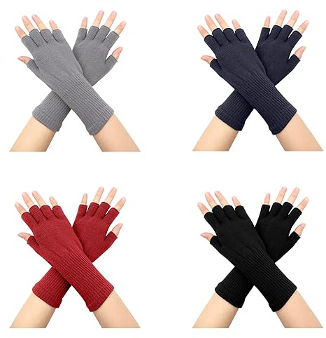 VEGCOO 4 Pairs Half Finger Gloves, Winter Stretch Knit Long Fingerless Gloves for Women Men (Black/Light Grey/Dark Grey/Burgundy)