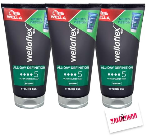 Wella Wellaflex Styling Gel Men All-Day Definition Ultra Starker Halt 150ml | Styling Gel für ultra starken Halt | Sofortiger Halt bis zu 48H inkl. Zama4Zingo Karte (3er Pack, Gel)