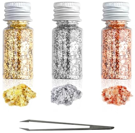3 Stück 30ml Blattgold Flocken, Mehrzweck-Dekorfolie in Gold, Multifunktionale Dekorative Goldfolie, Silber und Roségold für Kunsthandwerk und Tischdekoration Feierlichkeiten (Mit Pinzette)