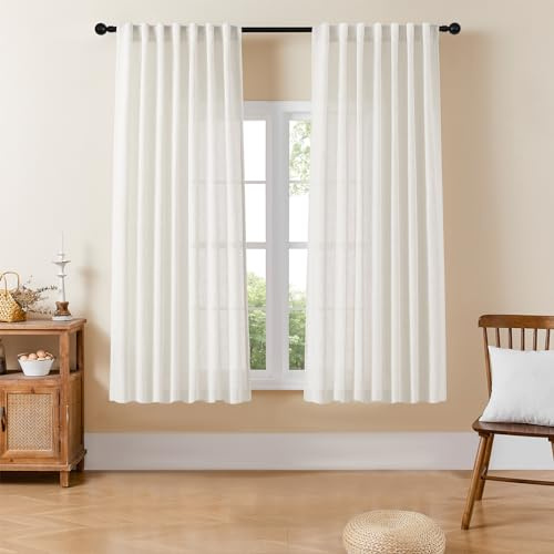 Joydeco Light Filtering Curtains 72 Inch Length for Bedroom, Linen Curtains 72 Inch Length 2 Panels Set for Living Room，White Semi Sheer Curtains 72 Inches Long with Rod Pockets