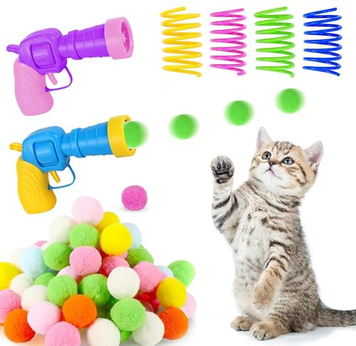 Giocattoli per gatti Lanciatore di giocattoli per gatti 2 pistole per gatti con 100 palline pompon per gatti e 4 giocattoli per gattini a molla Giocattoli per gatti per interni Giocattoli interattivi