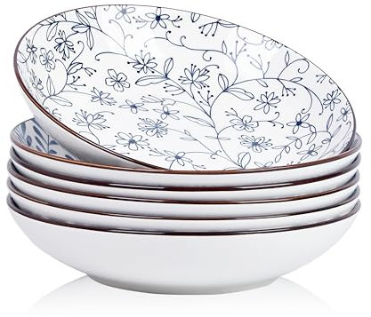Swuut Juego de cuencos de cerámica para pasta de 40 onzas, juego de 6.9 pulgadas, color azul y blanco, platos grandes para servir ensalada, aptos para microondas y horno (azul y blanco)