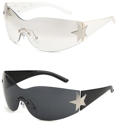 Shengxi Gafas de Sol Y2K Mujer - Envolventes Sin Montura Con Etiqueta En Forma De Estrella Vintage para Exteriores y Conducción (Negro + Transparente)