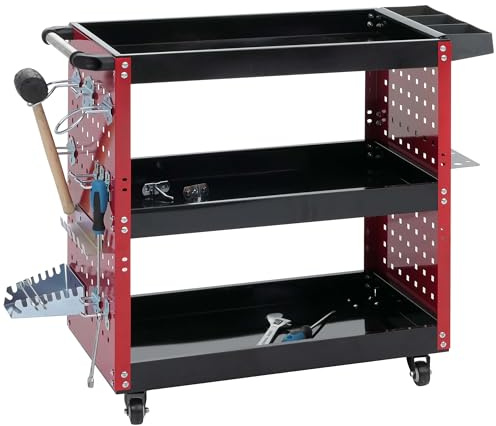 Mendler Werkzeugwagen HWC-M26, Rollwagen Werkstattwagen, Rollen Handgriff 3 Ladeflächen Lochraster, Stahl 73x90x35cm rot