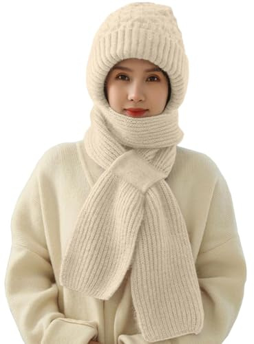 Yutdeng Integrated Ear Protection Windproof Cap & Scarf 2 in 1 Womens Hat and Scarf Sets Winter Warm Thermal Knitted Beanie Hats and Scarves Thick Ear Guard Hat Hooded Set, Beige