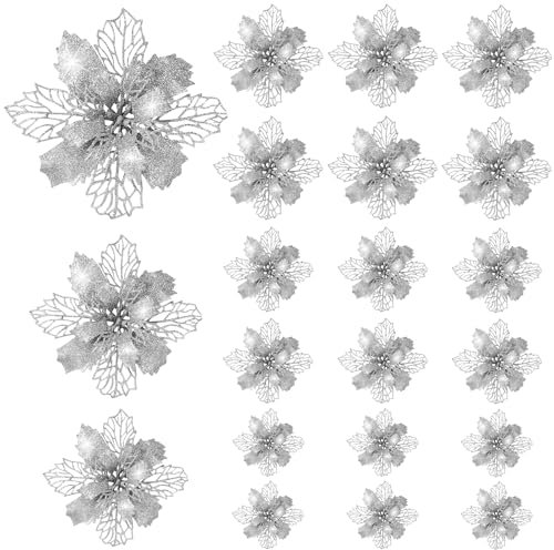 KASURE 21 Piezas Flores Artificiales Navidad,Flores de Navidad para Adornar el Árbol Flores Arbol Navidad Adornos para Árbol de Navidad Adecuado para Decoración de Restaurantes Plata