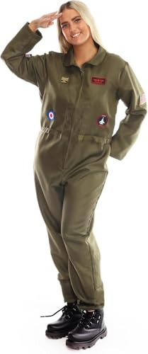Costume d'aviateur de pilote VE Day pour femme – Taille M – Combinaison verte avec patchs militaires – Déguisement de pilote de téléfilm pour femme