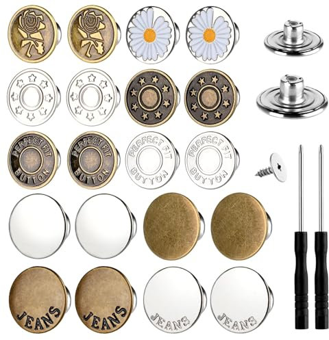 60Pcs Jeans Metal Buttons 17mm 20mm No Sew Metal Button 10 Patterns Adjustable Reusable Instant Jean Button Replacement Kits with Combo Thread Rivets Screwdrivers for DIY Crafts Clothing
