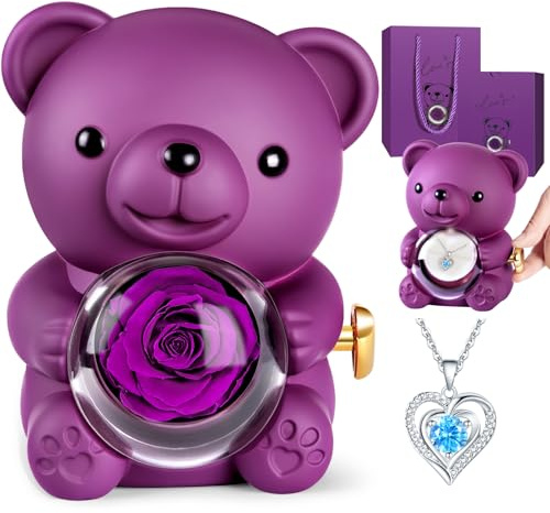 Aloskart Evig rosa björn och hjärta halsband, alla hjärtans dag present till henne | Presentidéer för kvinnor till födelsedag jul årsdag original mors dag flickvän fru gåvor, lila