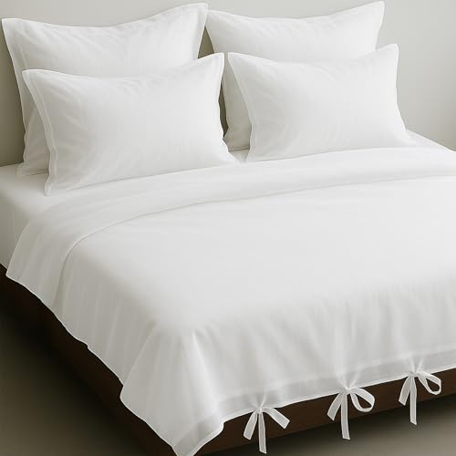 LINENWALAS 100 % ekologisk bomull voile påslakanset – 3-delat ultramjukt, lätt sänglinne täcke med rosett knutstängning för super king size-sängkläder (260 x 220 cm, vit)